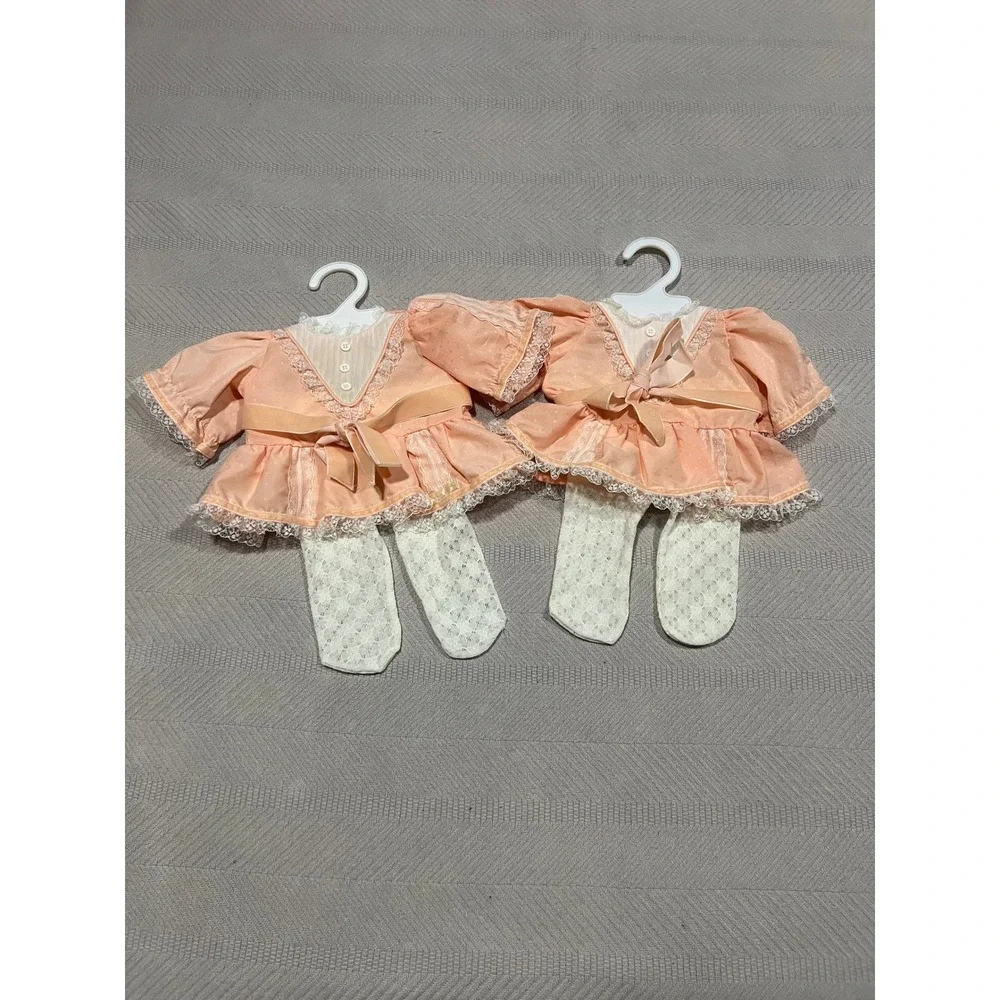 Vintage 2 Cabbage Patch Kids Twin T1 Party Dress Peach Cotton Damask Tights